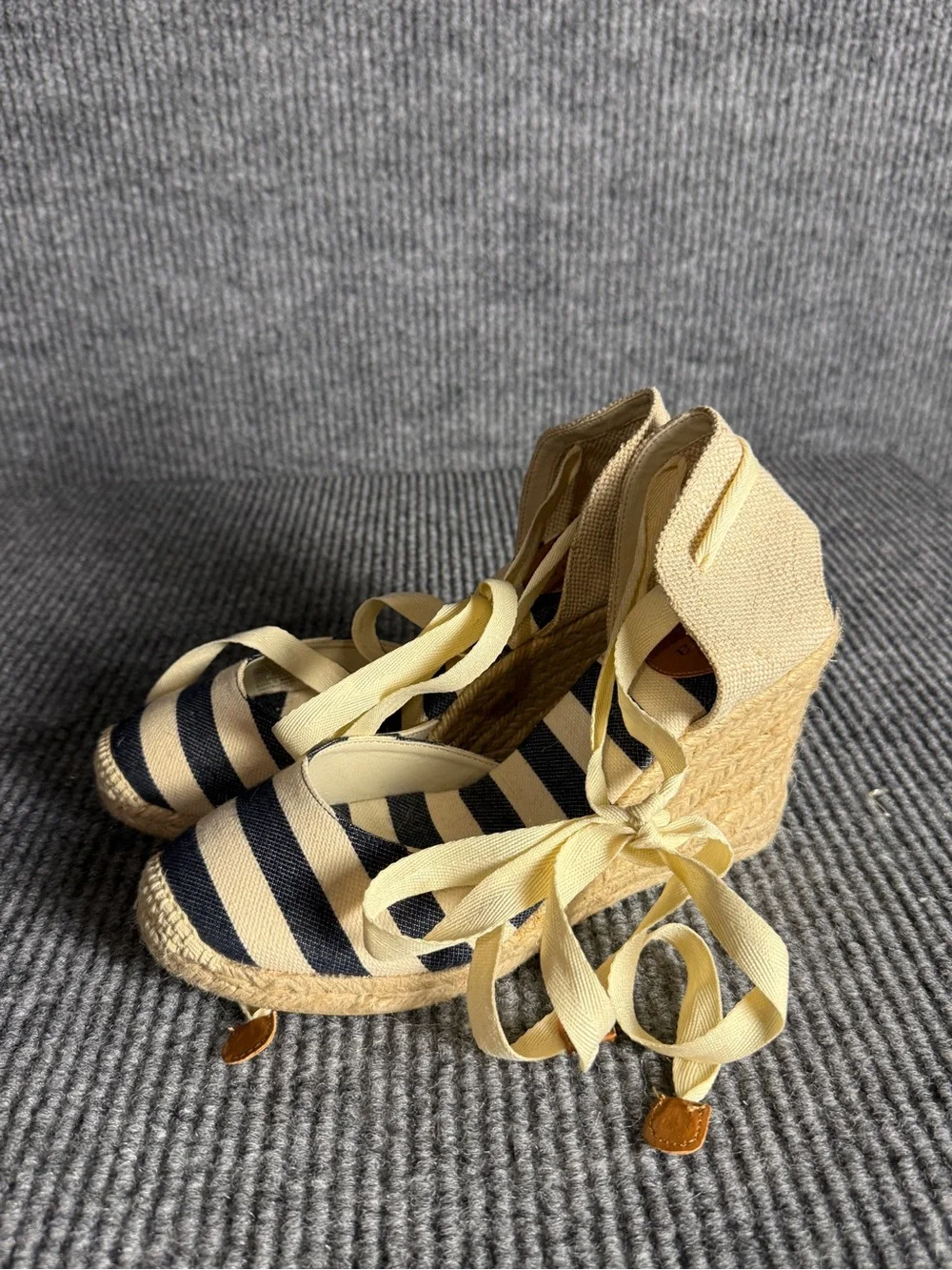 Sonoma Striped Navy and Cream Espadrille Wedge Sandals with Ankle Tie Size 8